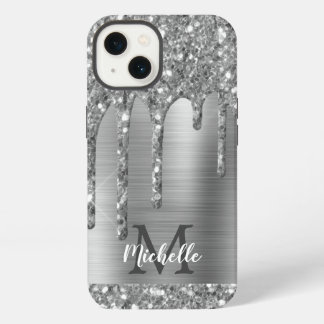 Chic Zilver Grijs Glitter Druppels Monogram Roze M iPhone 13 Hoesje