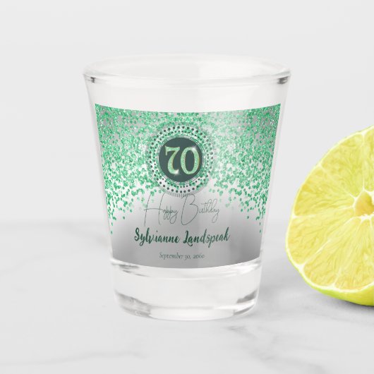 Chic Zilver & Groene Glitter 70ste Verjaardag Gift Shot Glas (Voorkant)