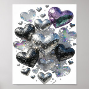 Chic Zilver HARTEN EN KRISTALLEN Artistiek Motief Poster