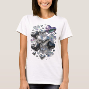 Chic Zilver HARTEN EN KRISTALLEN Artistiek Motief T-shirt