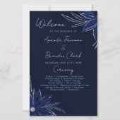 Chic Zilver & Marine Blauw Bloemen Trouwprogramma (Voorkant)