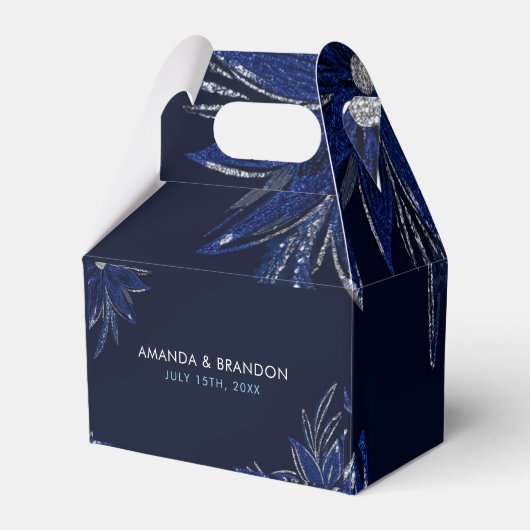 Chic Zilver & Marine Blauwe Bloemen Huwelijk Bedankdoosjes (Voorkant Zijde)