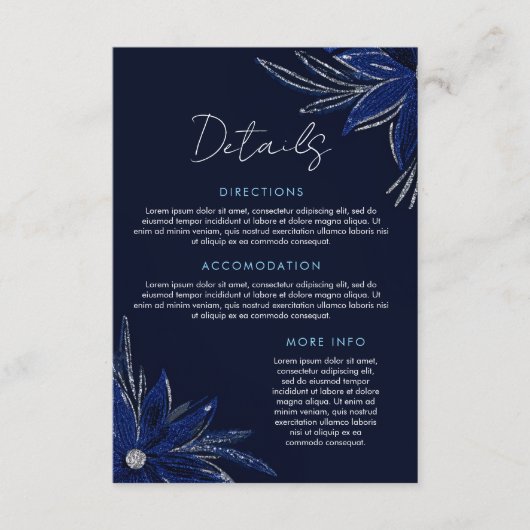 Chic Zilver & Marine Blauwe Bloemen Huwelijk Informatiekaartje (Voorkant)