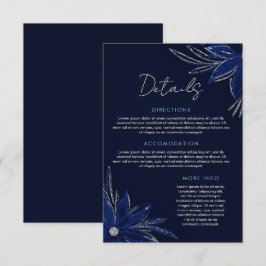 Chic Zilver & Marine Blauwe Bloemen Huwelijk Informatiekaartje