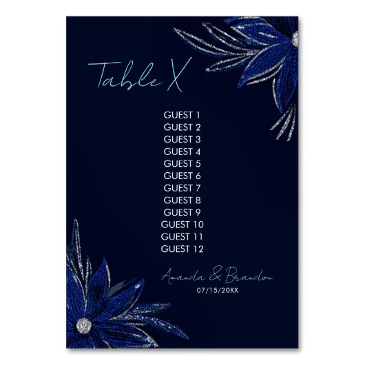 Chic Zilver & Marine Blauwe Bloemen Huwelijk Kaart (Voorkant)