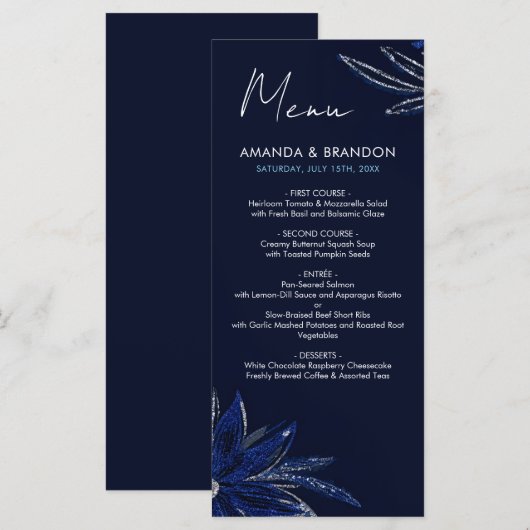 Chic Zilver & Marine Blauwe Bloemen Huwelijk Menu (Voorkant / Achterkant)
