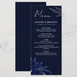 Chic Zilver & Marine Blauwe Bloemen Huwelijk Menu