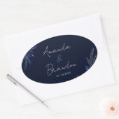 Chic Zilver & Marine Blauwe Bloemen Huwelijk Ovale Sticker (Envelop)