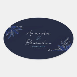 Chic Zilver & Marine Blauwe Bloemen Huwelijk Ovale Sticker