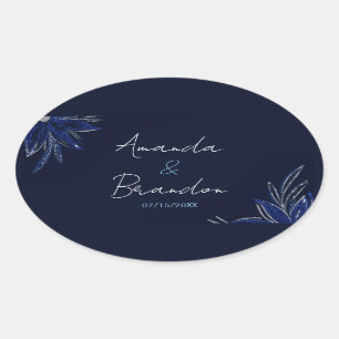 Chic Zilver & Marine Blauwe Bloemen Huwelijk Ovale Sticker