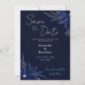 Chic Zilver & Marine Blauwe Bloemen Huwelijk Save The Date (Voorkant)