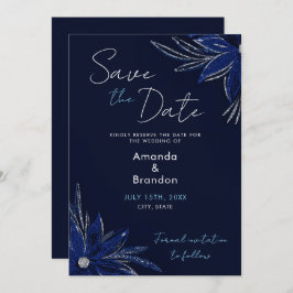 Chic Zilver & Marine Blauwe Bloemen Huwelijk Save The Date