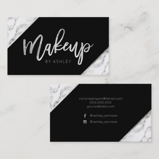 Chic zilver wit marmer script make-up typografie visitekaartje (Voorkant / Achterkant)