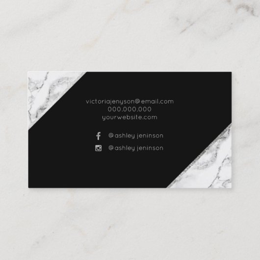 Chic zilver wit marmer script make-up typografie visitekaartje (Achterkant)