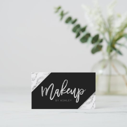 Chic zilver wit marmer script make-up typografie visitekaartje (Staand voorkant)