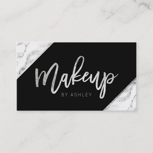 Chic zilver wit marmer script make-up typografie visitekaartje (Voorkant)