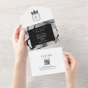 Chic Zilver Zwart en Wit Monogram Huwelijk All In One Uitnodiging