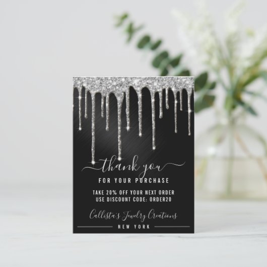 Chic Zilver Zwart Metallic Glitter Druppels Kortin Bedankkaart (Staand voorkant)