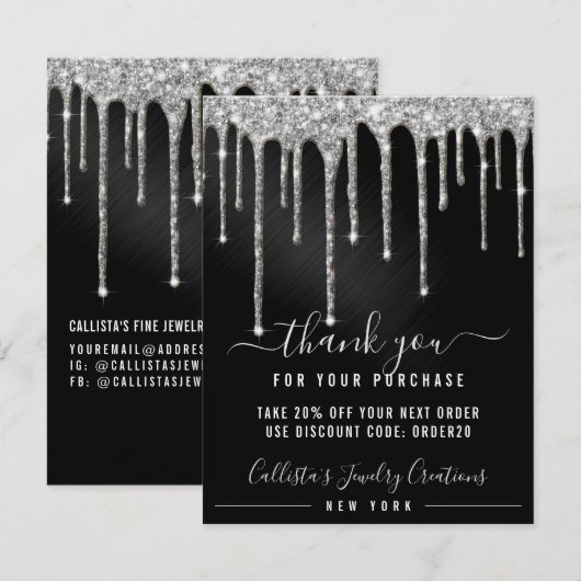 Chic Zilver Zwart Metallic Glitter Druppels Kortin Bedankkaart (Voorkant / Achterkant)