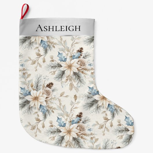 Chic Zilveren Crème Blauw Witte Bloemen Kerstmis Grote Kerstsok (Voorkant)