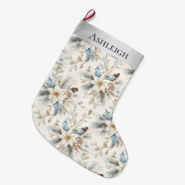 Chic Zilveren Crème Blauw Witte Bloemen Kerstmis Grote Kerstsok