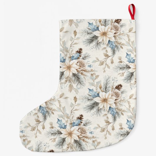 Chic Zilveren Crème Blauw Witte Bloemen Kerstmis Grote Kerstsok (Achterkant)