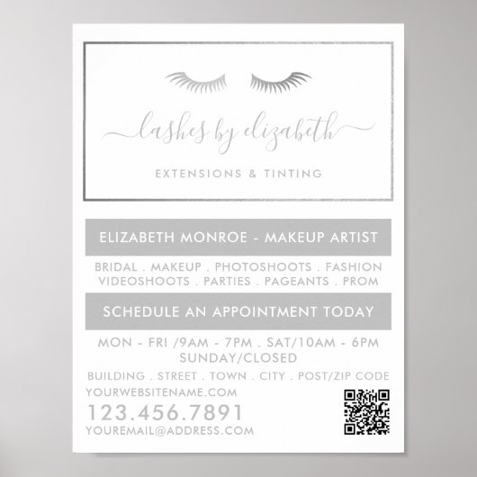 Chic Zilveren Folie Wimpers Schoonheid Make-up Art Poster (Voorkant)