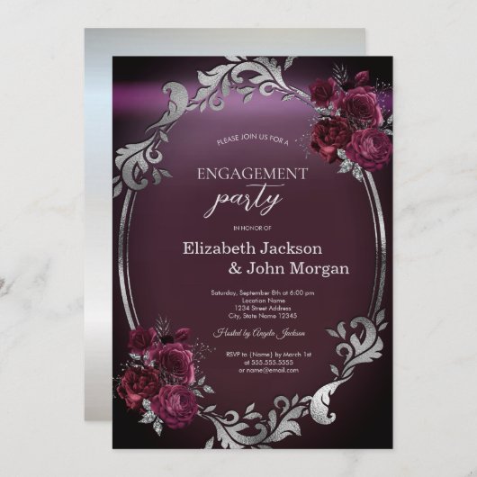 Chic zilveren frame bordeauxroze rozen Huwelijk Kaart (Voorkant / Achterkant)