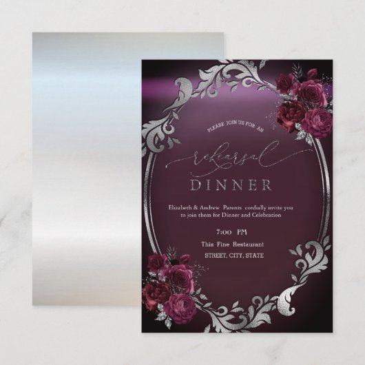 Chic Zilveren Frame Rode Rozen Proefbruiloftdiner Kaart (Voorkant / Achterkant)