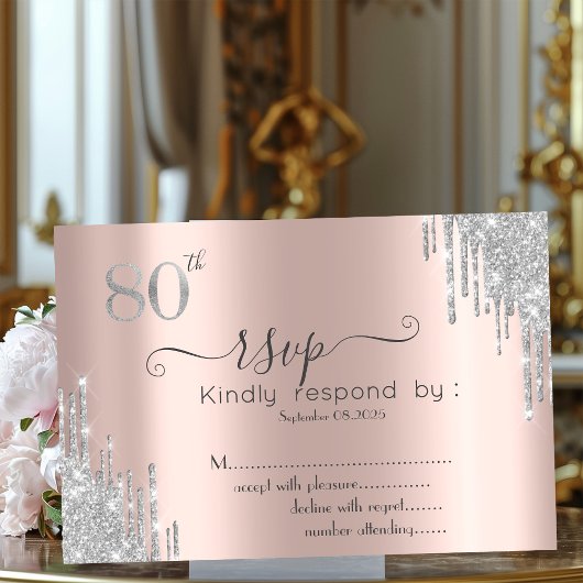 Chic Zilveren Glitter Drip Roze Goud 80ste RSVP  Kaart