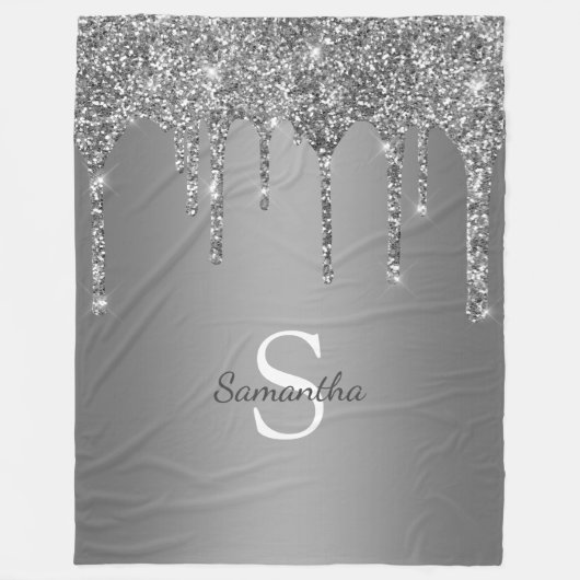 Chic Zilveren Glitter Glans Druppels Monogram Naam Fleece Deken (Voorkant)