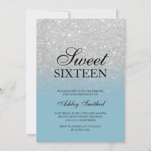 Chic zilveren glitter ijsblauw elegant Sweet 16 Kaart (Voorkant)