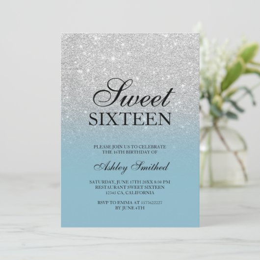 Chic zilveren glitter ijsblauw elegant Sweet 16 Kaart (Staand voorkant)