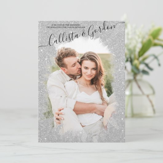 Chic Zilveren Glitter Script Fotocollage Wedding Kaart (Staand voorkant)