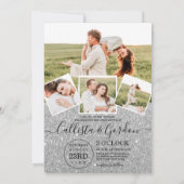 Chic Zilveren Glitter Script Fotocollage Wedding Kaart (Achterkant)