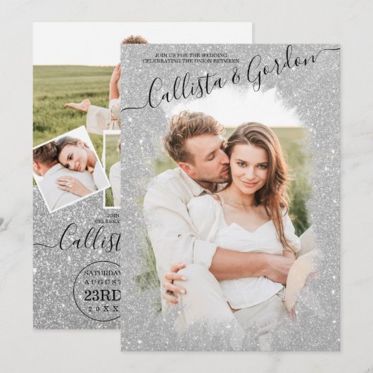 Chic Zilveren Glitter Script Fotocollage Wedding Kaart (Voorkant / Achterkant)