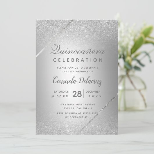 Chic zilveren glitter script metallic Quinceanera Kaart (Staand voorkant)