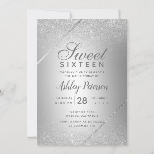 Chic zilveren glitter script metallic Sweet 16 Kaart (Voorkant)