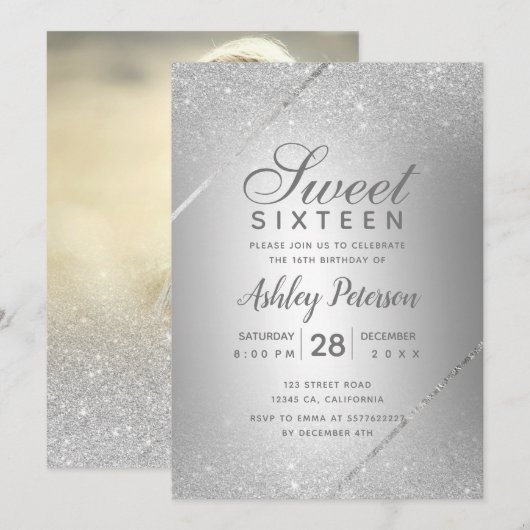 Chic zilveren glitter script metallic Sweet 16 Kaart (Voorkant / Achterkant)