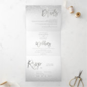 Chic zilveren glitter typografie ombre witte bruil drieluik uitnodiging (Binnen)