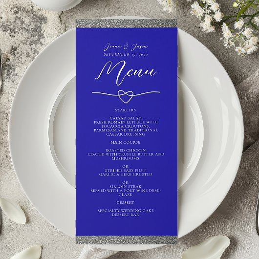 Chic Zilveren Koningsblauw Trouwmenu Menu