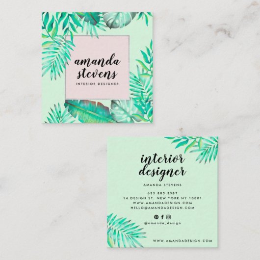 Chic zilveren lijst mint groen waterverf tropisch vierkante visitekaartje (Voorkant / Achterkant)