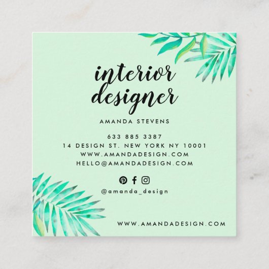 Chic zilveren lijst mint groen waterverf tropisch vierkante visitekaartje (Achterkant)