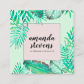Chic zilveren lijst mint groen waterverf tropisch vierkante visitekaartje (Voorkant)