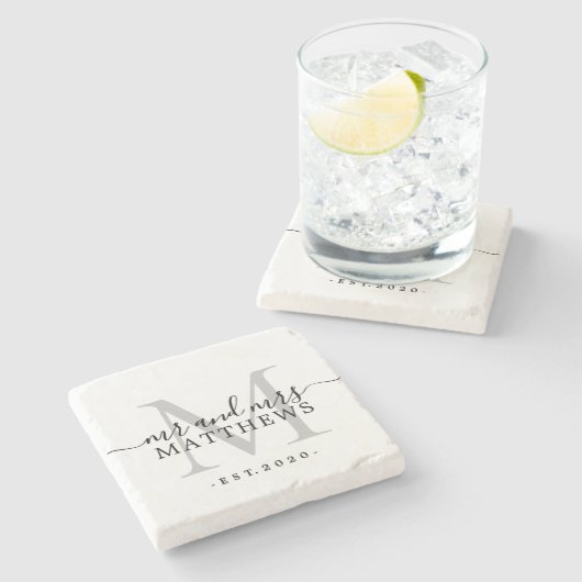 Chic Zilveren Monogram Schrift Naam Trouwdatum Stenen Onderzetter (Zijkant)