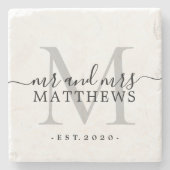 Chic Zilveren Monogram Schrift Naam Trouwdatum Stenen Onderzetter (Voorkant)