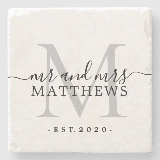 Chic Zilveren Monogram Schrift Naam Trouwdatum Stenen Onderzetter (Voorkant)