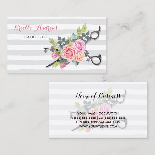 Chic Zilveren Schaar Haarstylist Strepen en Rozen Visitekaartje (Voorkant / Achterkant)