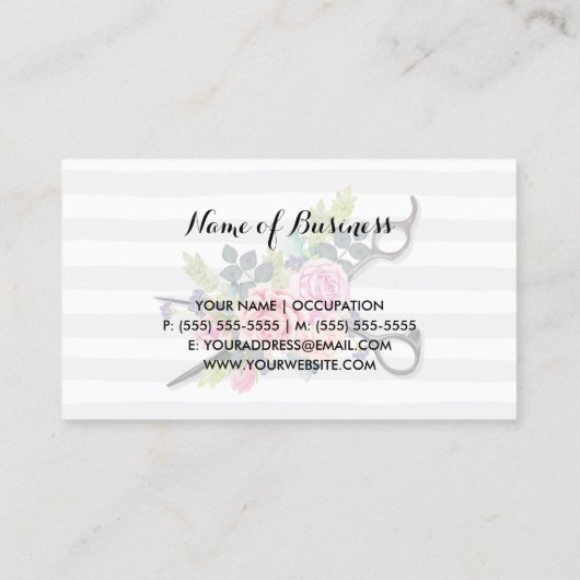 Chic Zilveren Schaar Haarstylist Strepen en Rozen Visitekaartje (Achterkant)