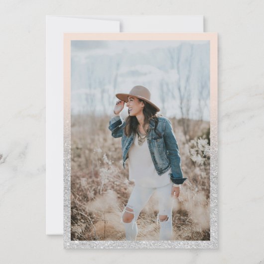 Chic zilveren script foto vrijgezellenfeest ring r kaart (Achterkant)